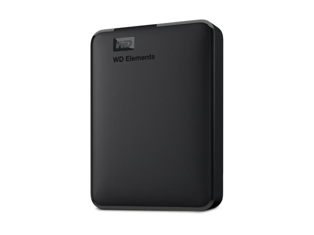 Black portable external hard drive with a sleek, matte finish, featuring the "WD Elements" logo on the top and USB 3.0 connectivity for fast data transfer.