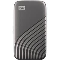 Grey Western Digital My Passport 2 TB external hard drive with USB Type-C and curved line design.