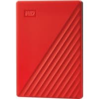 Red Western Digital My Passport 2 TB external hard drive with diagonal grooves and WD logo in top corner.