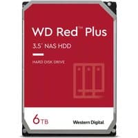Red Western Digital Red Plus 6TB 3.5" NAS HDD with white text and logo, silver edges, 5400 RPM, 256 MB cache.