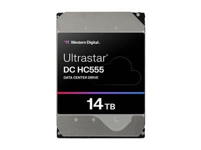 Western Digital Ultrastar DC HC555 internal hard drive in black and silver, featuring a sleek design, labeled with "14 TB" and "7200 RPM" for data center use.