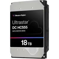Western Digital Ultrastar DC HC555 hard drive, silver casing, black label, 18 TB capacity, 7200 RPM.