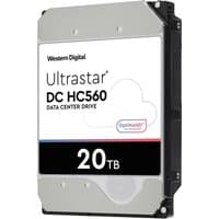 Western Digital Ultrastar DC HC560 hard drive, 20TB, 7200 RPM, silver casing with black sides and label on front.