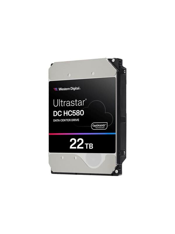 Western Digital 22TB Ultrastar DC HC580 HDD with a silver metal casing, black label, and colorful branding, designed for data center use with SATA interface.