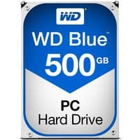 WD Blue 500GB internal hard drive with blue and white label, 7200RPM, by Western Digital.