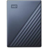 Black WD My Passport Ultra 4TB external hard drive with diagonal grooves and WD logo in top left corner.