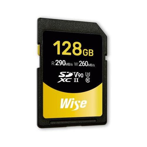 Wise Advanced WISE-SD-N128 is a black and yellow SD card, featuring a capacity of 128GB, with read speeds of 290MB/s and write speeds of 260MB/s, labeled with SDXC and V90 symbols.
