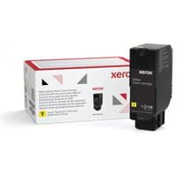 Xerox yellow toner cartridge, black casing, next to branded white box with red and gray accents.