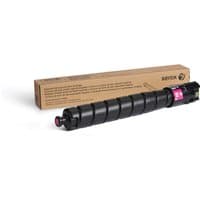 Black Xerox toner cartridge with magenta label, cylindrical shape, next to brown branded packaging box.
