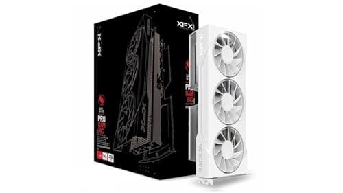 XFX Swift 9060 XT Gaming OC graphics card features a sleek white design with three large fans, 16GB GDDR6 memory, and a PCI-Express interface, packaged in a stylish black box.