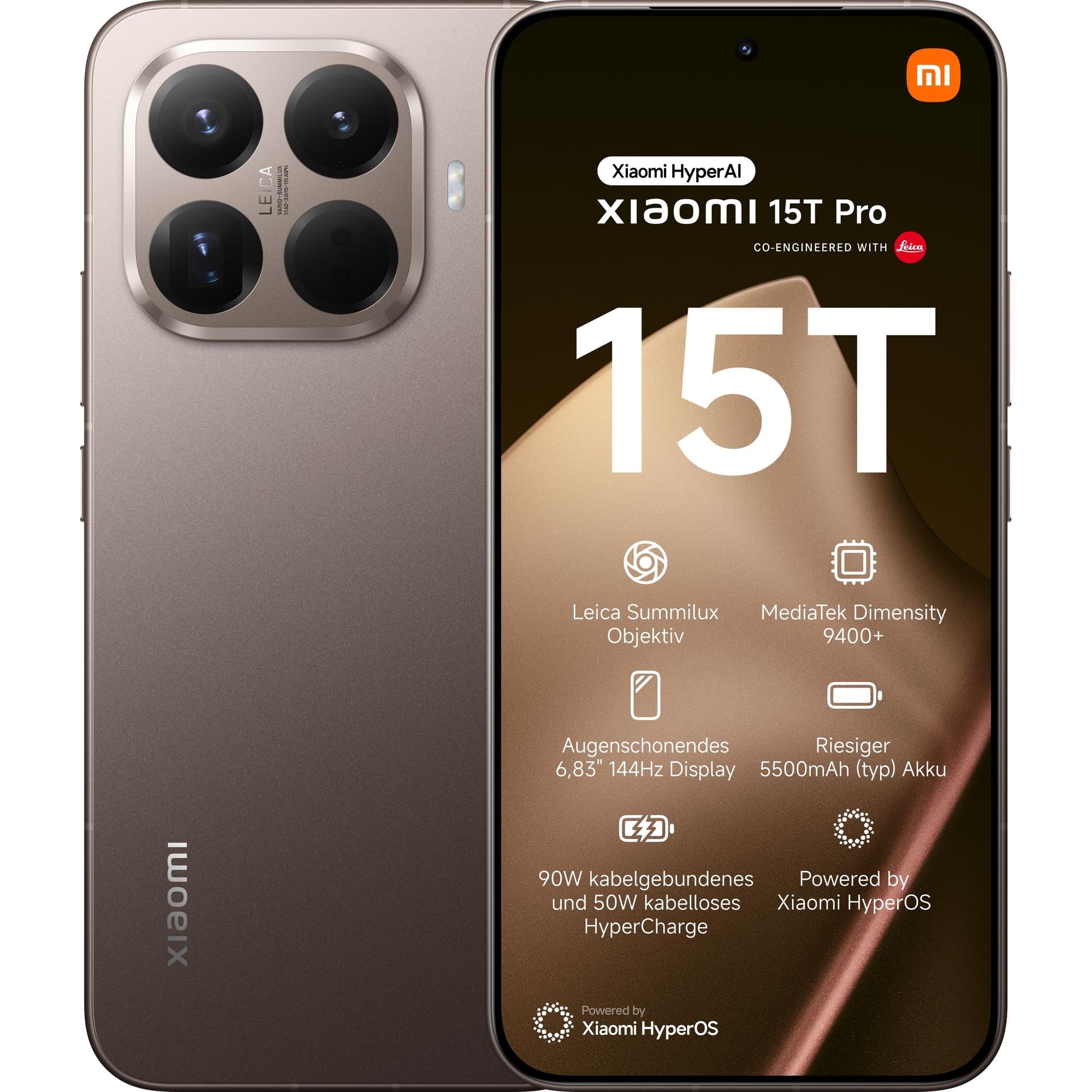 Xiaomi 15T Pro smartphone in Moka Oro color features a 6.83" display, dual SIM capability, 5G connectivity, and a quad-camera setup with Leica optics.
