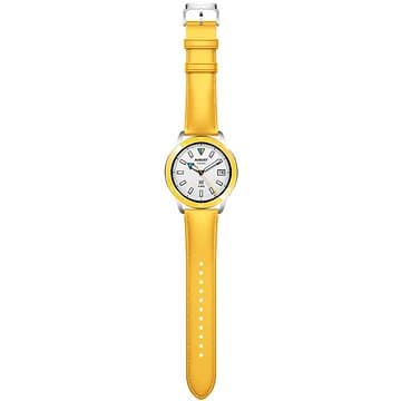 Yellow leather strap for Xiaomi smart wearable accessories, featuring a round white watch face with silver accents and a date display, secured with a metal buckle.