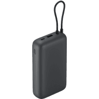 Dark gray Xiaomi power bank 20000mAh with integrated cable, rounded edges, and USB port on top.
