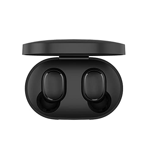 Black Xiaomi Redmi Buds Essential True Wireless Stereo (TWS) in-ear headset displayed in a sleek charging case, featuring a minimalist design and smooth finish.