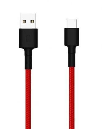 Xiaomi SJV4110GL USB cable, 1 meter long, featuring a black USB-A connector and a black USB-C connector, with a vibrant red braided exterior for durability.