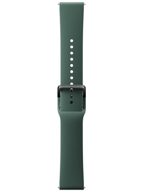 Green thermoplastic polyurethane watch strap featuring a sleek design, adjustable holes, and a black buckle for secure fitting.
