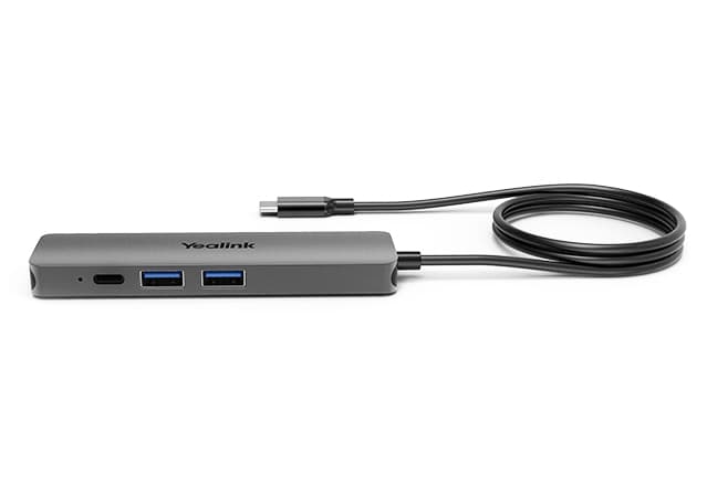 Yealink BYOD-BOX in sleek gray with two USB-A ports, one USB-C port, and a 1.5m USB-C cable for connectivity, designed for seamless device integration.