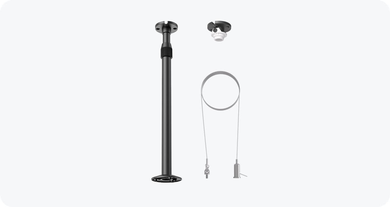Yealink CM20 Mount Kit features a sleek black metal pole, ceiling mount, and adjustable cable for secure installation of audio-visual equipment.