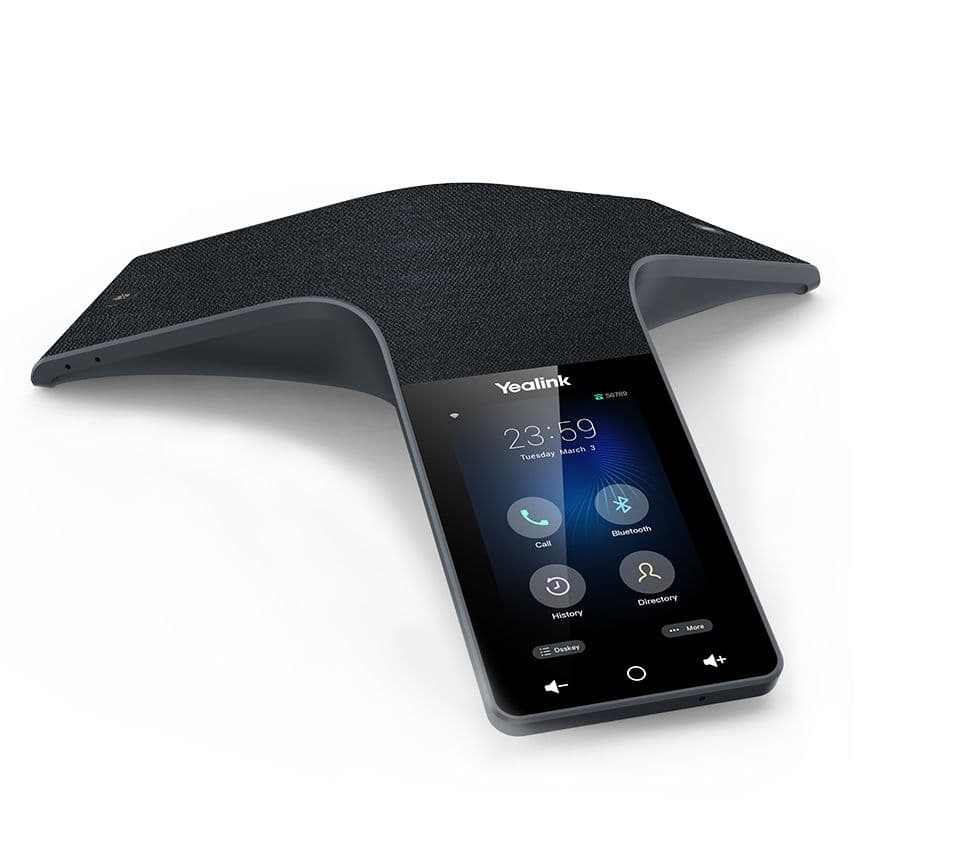 Yealink CP925 conference phone in black with a sleek triangular design, featuring a touchscreen interface, call buttons, and a fabric-covered top for enhanced audio quality.
