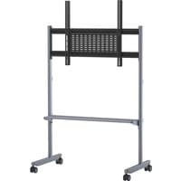 Black and silver Yealink MB-FS-VESA TV stand with adjustable mount and wheeled base.