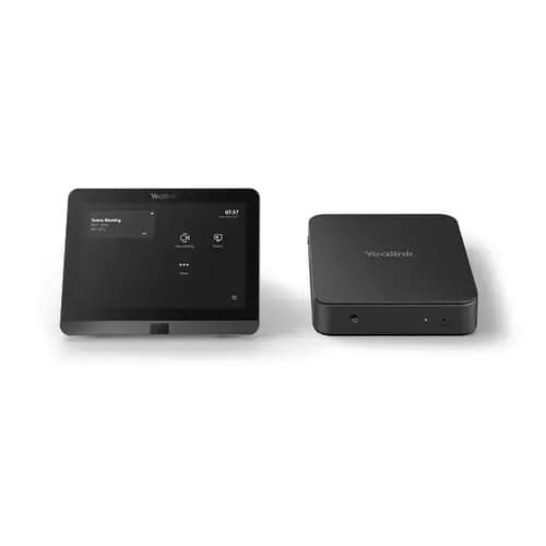 Yealink MCoreKit-C5U-MS features a sleek black design with a touchscreen display on the left and a compact control unit on the right, showcasing modern conferencing technology.