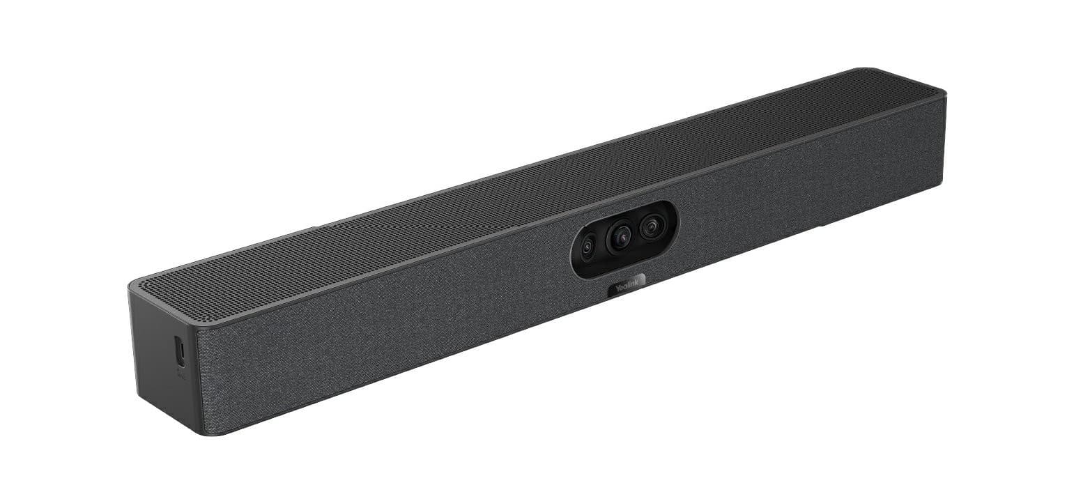 Yealink MeetingBar A25-031 is a sleek, rectangular black audio bar with a textured finish, featuring dual cameras and multiple connectivity ports for video conferencing.