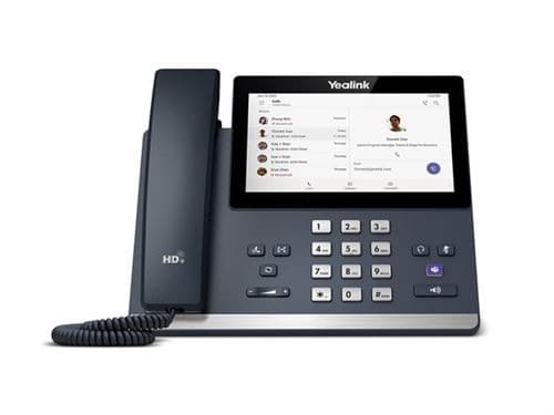 Yealink MP56 E2 Teams desk phone in black and silver, featuring a touchscreen display, numeric keypad, and a sleek, modern design with a handset and coiled cord.