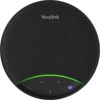 Black circular Yealink SP92 USB-C/A speakerphone with fabric top, touch controls, and green LED indicator.