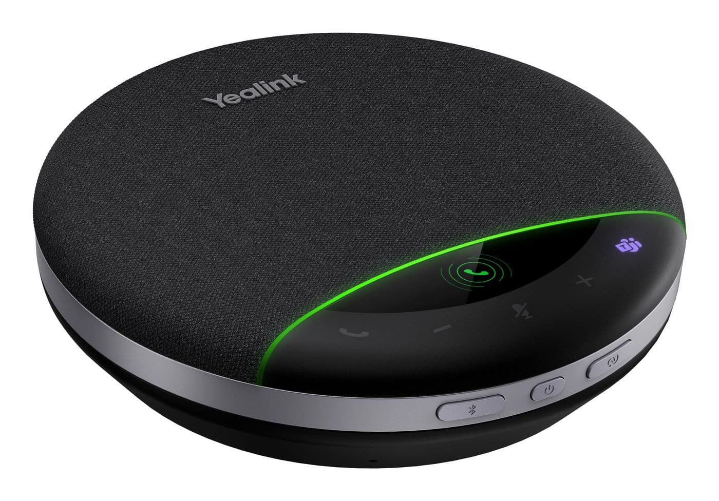 Yealink SP96 US-C speakerphone features a sleek black fabric exterior with a silver base, illuminated call indicator, and intuitive control buttons for easy operation.