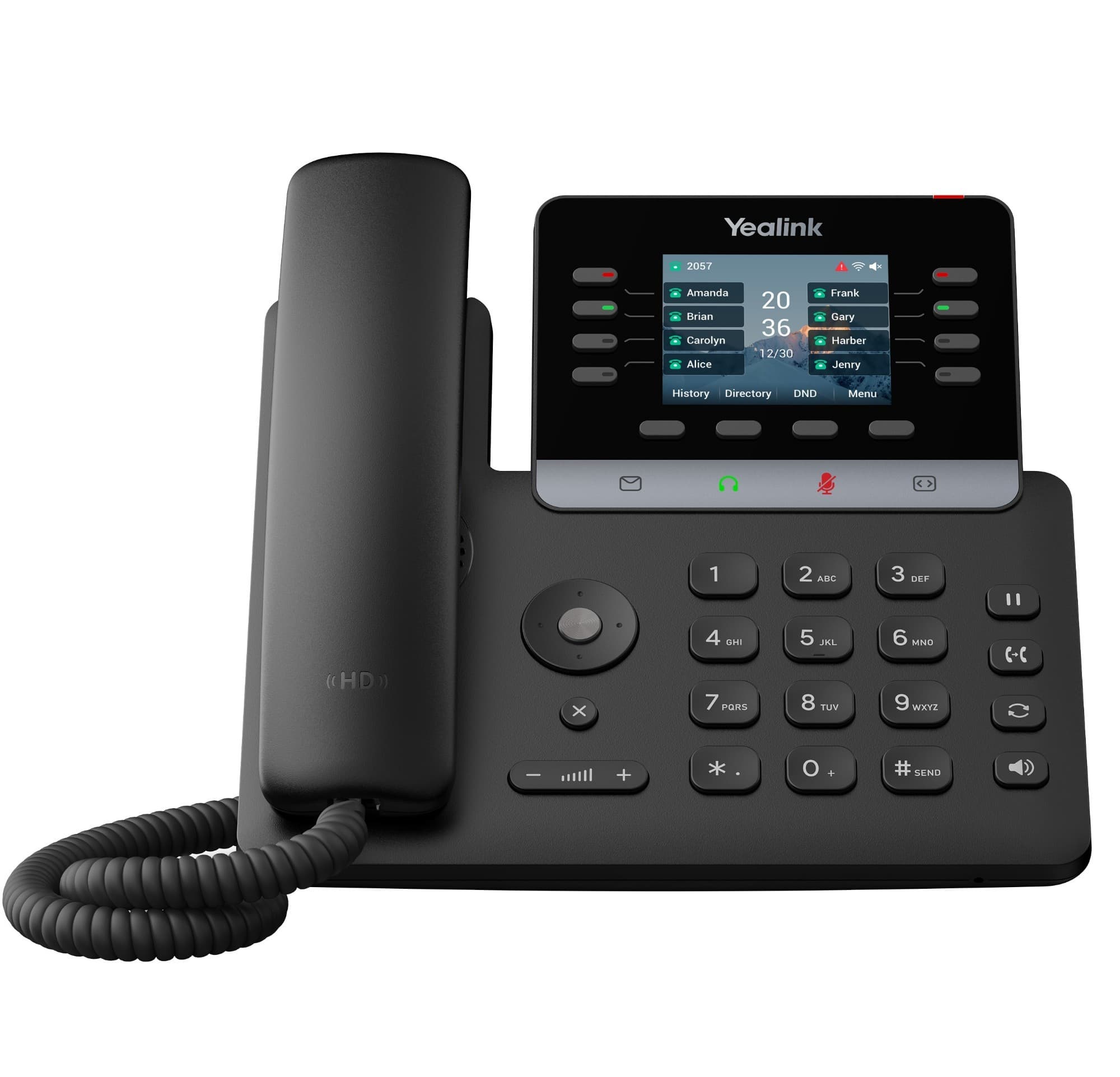 Yealink T73U IP phone in black with a sleek design, featuring a color display, programmable keys, and a standard keypad with a coiled handset. No power supply included.