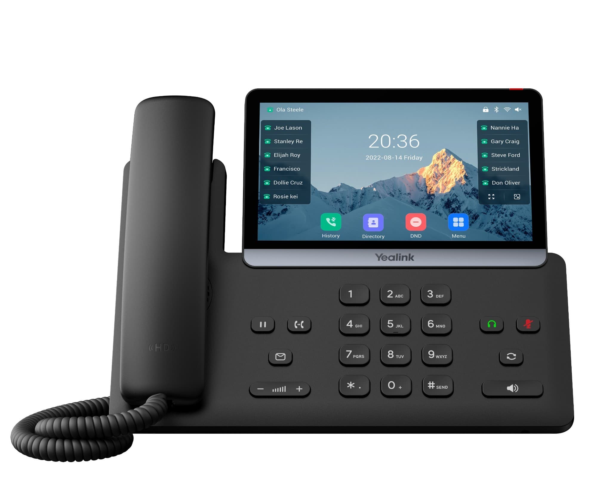 Yealink T77U IP phone in black with a touchscreen display, featuring a handset, a numeric keypad, and various app icons visible on the screen.