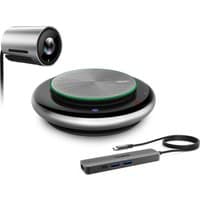 Yealink UVC30-CP900-BYOD Meeting Kit with sleek webcam, round speakerphone, and USB hub with multiple ports.