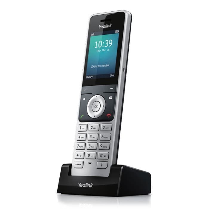 Black Yealink W56H DECT telephone handset with a silver trim, featuring a digital display, keypad with numeric keys, and a charging dock.