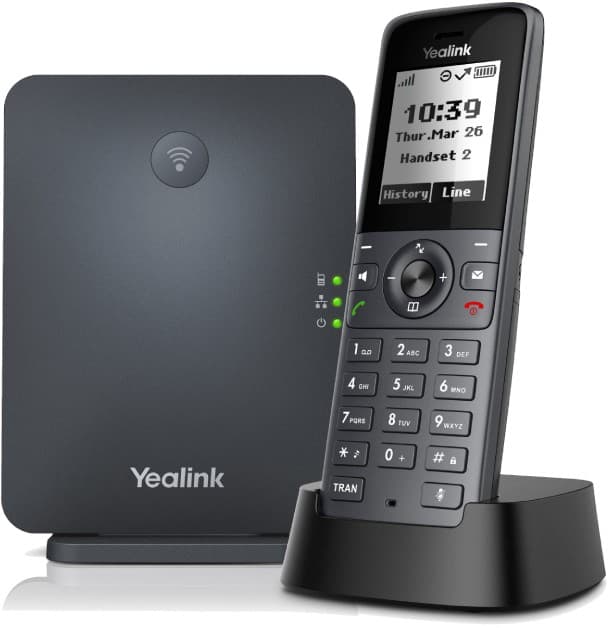 Yealink W71P Bundle featuring a sleek black W70B base station with LED indicators and a W71H cordless phone with a color display and keypad.