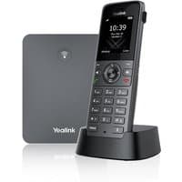Yealink W73P DECT handset with black keypad, color screen, and base station with Yealink logo.