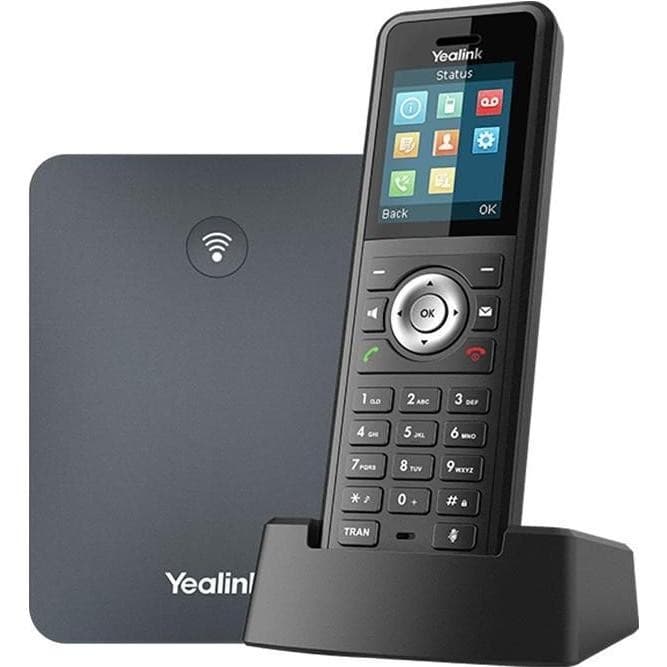 Yealink W79P IP phone in black with a TFT display, featuring 20 lines, a numeric keypad, and a sleek charging dock with Wi-Fi connectivity.