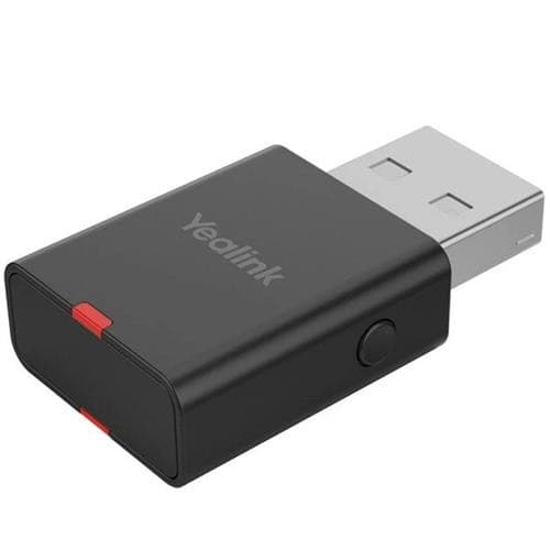 Yealink WDD60 Dongle in black plastic with a USB connector, featuring a red button on the side and the Yealink logo on the top.