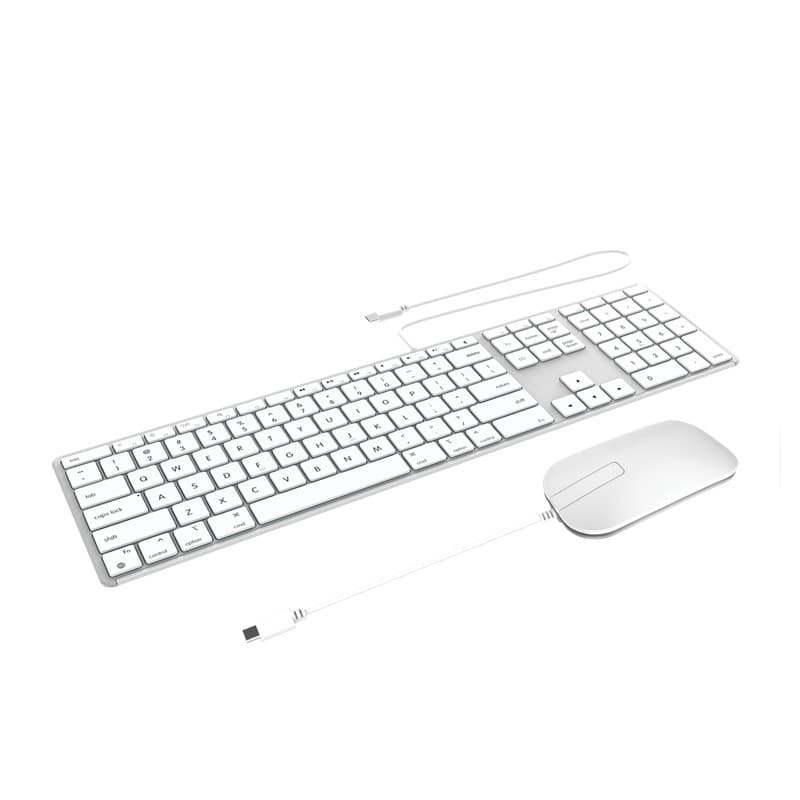 Wired USB-C keyboard and mouse combo in silver, featuring a sleek design, white keys with black lettering, and a USB-C cable for connectivity.