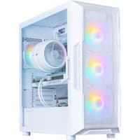 White Zalman I3 NEO V2 Midi Tower case with RGB fans, tempered glass side panel, and sleek modern design.