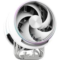 White Zalman ZET5 processor fan with 12 cm blades, circular design, and metallic base with heat pipes.