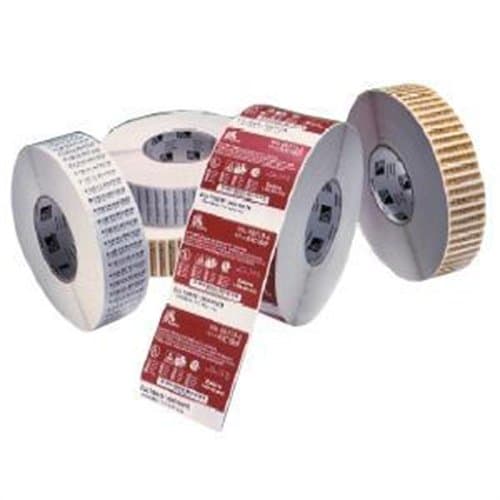 Thermal-transfer ribbons in various rolls, predominantly white and red, with packaging details visible, designed for Zebra printers, measuring 60mm x 450m, pack of 6.