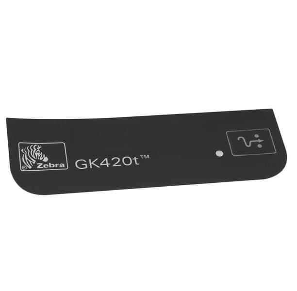 Black plastic nameplate for Zebra printer/scanner, featuring the Zebra logo and "GK420t™" text, with a small circular indicator.
