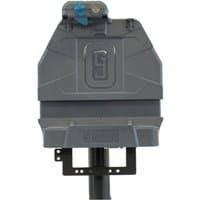 Grey Zebra mobile device dock station with angular design and mounting bracket.