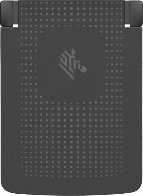 Black battery with a textured surface and dotted pattern, featuring a Zebra logo in the center and two clips at the top for attachment.