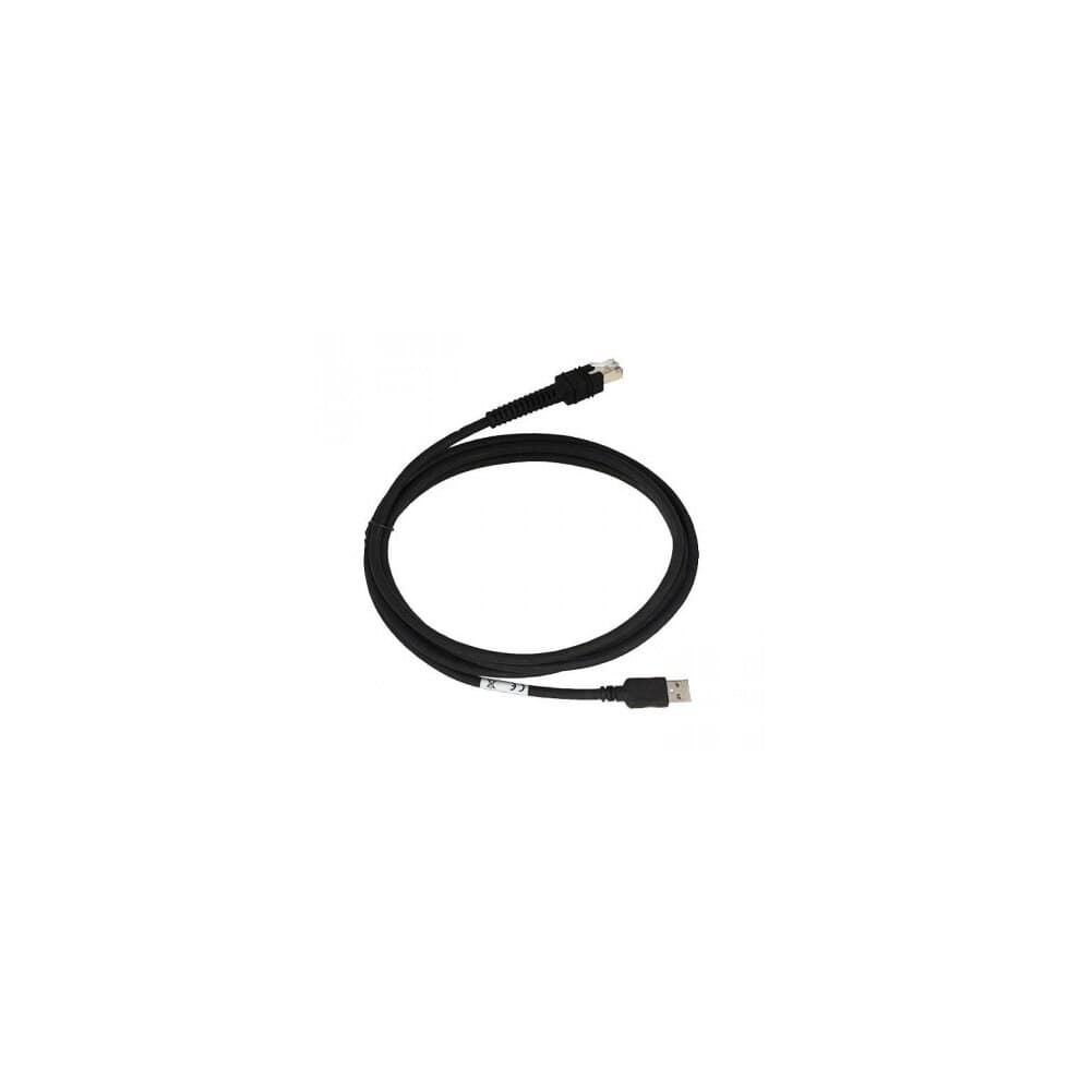 Black USB cable with a coiled design, featuring a standard USB connector at one end and a connector compatible with Zebra barcode readers at the other end.
