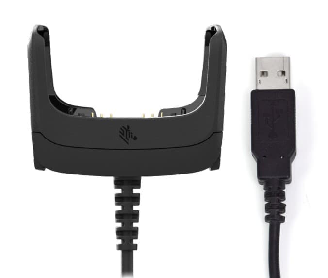 Black Zebra CBL-RFD49-USB1-01 mobile device charger with a USB connector, featuring a sturdy design and multiple contact points for RFID reader compatibility.