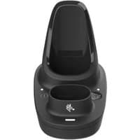 Black Zebra charging station with two docking slots, LED indicators, and sleek, curved design.