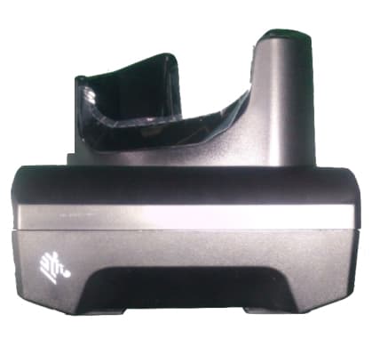 Black mobile device charger with a sleek design, featuring a curved slot for the device and a silver stripe along the front, made of durable plastic material.