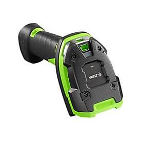 Zebra 2D barcode scanner featuring a black and green ergonomic design, Bluetooth 4.0 connectivity, and a durable grip for easy handling.