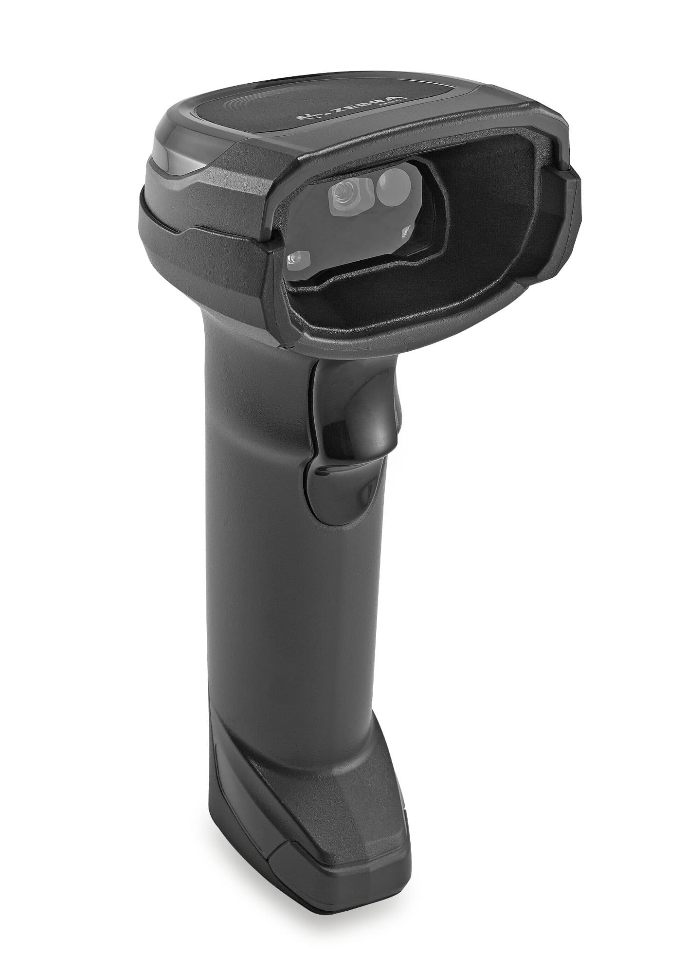 Black handheld barcode reader with a textured grip, featuring a dual LED scanner at the front and a trigger button on the side for easy operation.